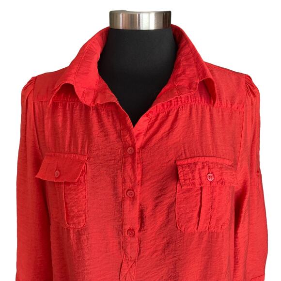 Cotton Express Red Popover Tunic Sz XL Roll Tab Sleeves Back Button Detailing - Picture 4 of 9